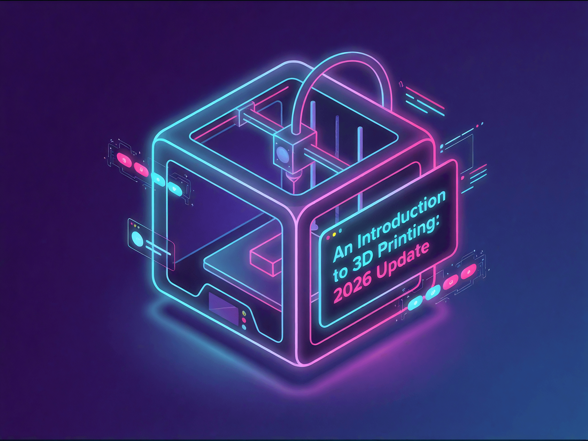 A stylized 3D printer is depicted in neon colors against a dark background, with digital elements and icons surrounding it. The text prominently displays "An Introduction to 3D Printing: 2026 Update," suggesting a focus on advancements in 3D printing technology.