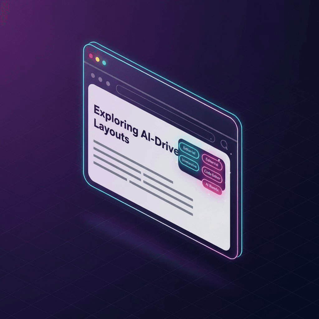 A stylized web browser window displays the title "Exploring AI-Driven Layouts," with various interactive buttons labeled "Editorial," "Immersive," "Code Editor," and "AI Prompt" along the top. The background features a gradient of dark purple tones, enhancing the modern digital aesthetic.
