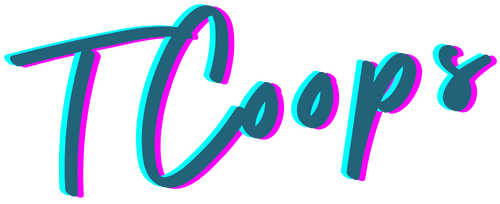 Stylized text reads "TCoop8" in vibrant shades of blue and pink, featuring a modern, cursive font with a slight glow effect, suggesting a dynamic and creative theme.